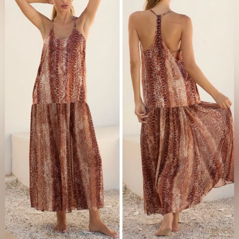 Anthropologie Brown Snakeskin Print Drop Waist Sleeveless Racer Maxi Dress M